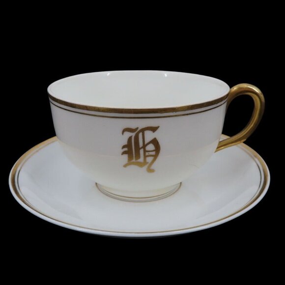 Stouffer Hand Painted Monogram G Initial White Gold Trim Tea Cup Saucer Set VTG - Picture 1 of 10